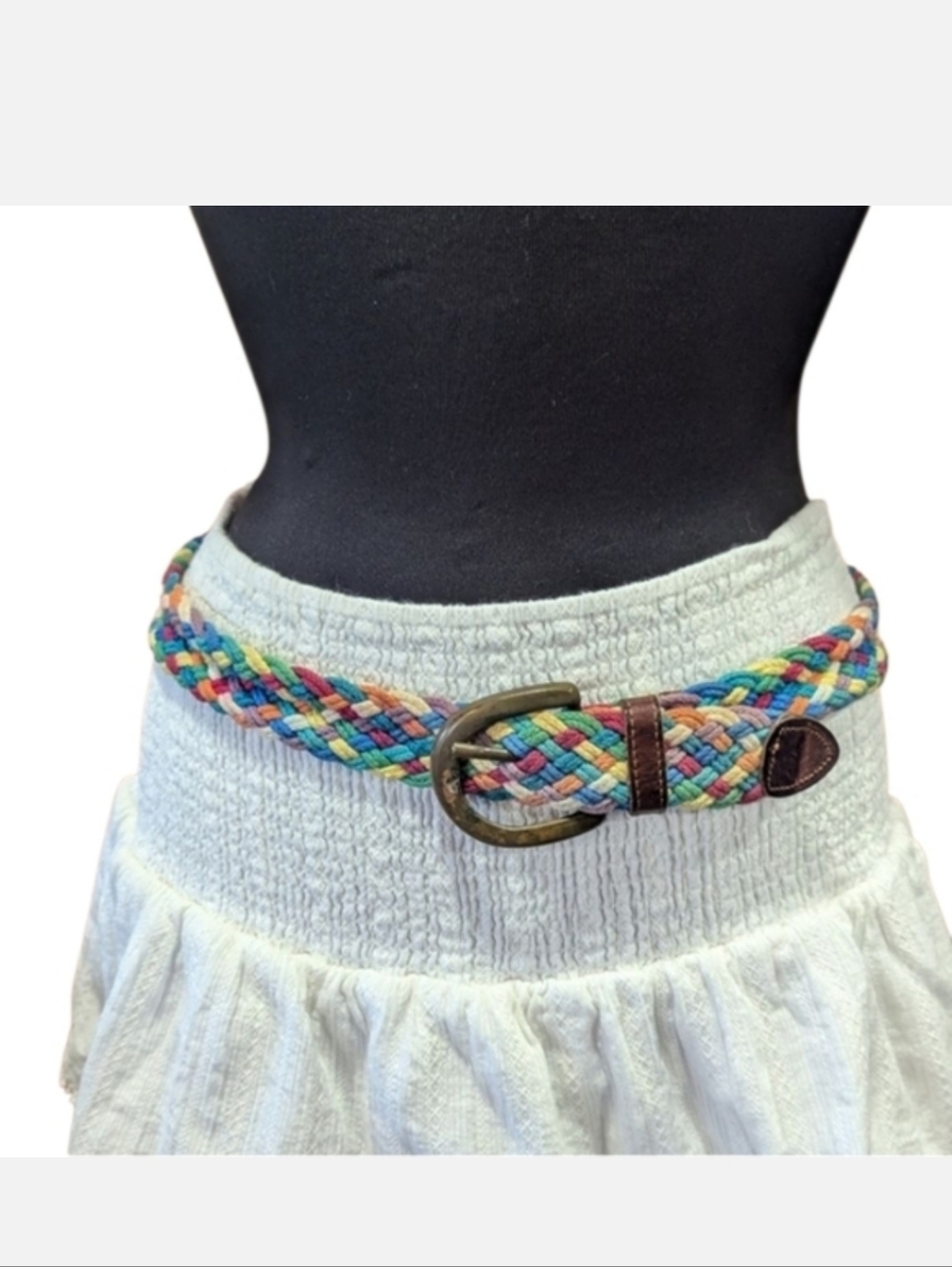 Vintage Multicolor Braided Belt with Brass Buckle